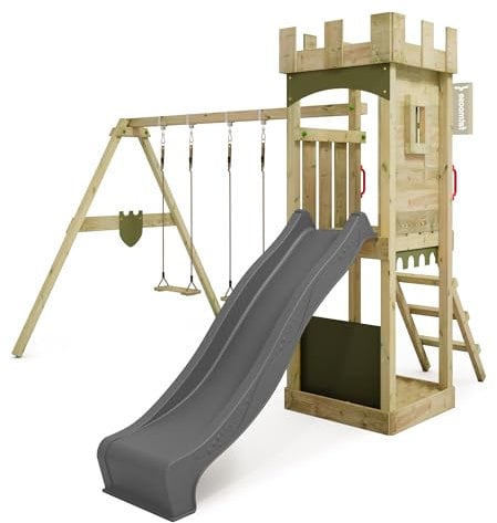 FATMOOSE Spielturm Ritterburg TreasureTower Top XXL mit Schaukel & Rutsche, Outdoor Kinder Kletterturm mit Sandkasten Leiter & Spiel-Zubehör für den Garten (anthrazit)