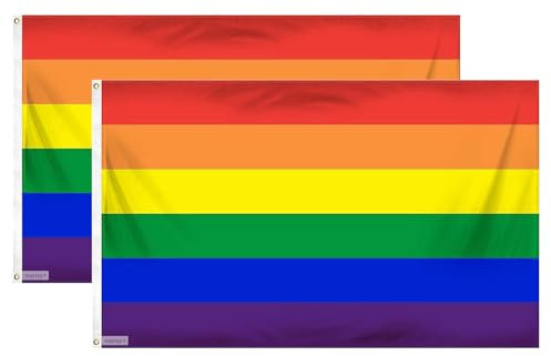 Fontee® 2 piezas [bandera del orgullo gay] [90 x 150 cm] [color vibrante] [resistente a la luz UV] [cabezal de lienzo] [doble costura] [ojales de latón grueso] [bandera del arco iris]