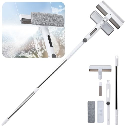 Window Squeegee Cleaner with Spray & Wastewater Collector, 4-in-1 Window Washer Cleaning Kit with 49.2/1.25m Extendable Window Cleaning Pole, Telescopic Window Wiper for High Window Glass Cleaning