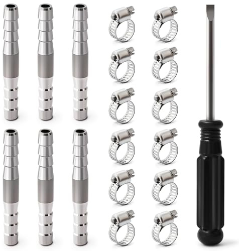 Josaton 6Pcs Barb Hose Fitting 6mm 2 Way Hose Barb Fitting, Straight Connector Coupler Stainless Steel with 12Pcs Clamps for Air Gas Water Fuel