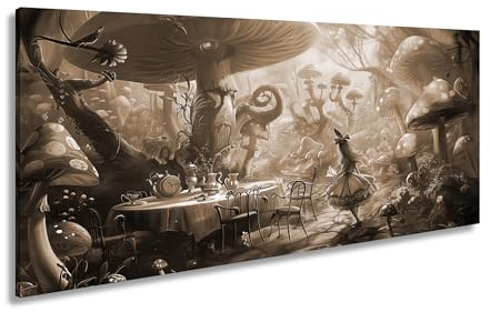 Leinwandbild Alice wandert durch ein Märchen voller Pilze und Magie. Panorama-Format 120x60cm Effekt: Sepia XXL Kunstdruck Bild auf Keilrahmen/Wandbild/Wohnzimmer Dekoration
