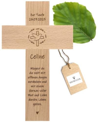 HOFMEISTER® Personalisiertes Taufkreuz für Babys & Kinder – Geschenkidee zur Taufe – Motiv Kranz mit Taube – Graviertes Holzkreuz aus Buchenholz mit Bohrung – 20 cm