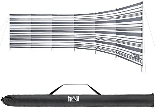 Trail Premium 7 Pole Wooden Windbreak with Bag, 5.4m x 1.25m Tall Windbreaker Sun Shelter Privacy Screen with Metal Spikes, Reinforced Stitching, Outdoor Camping Festival Garden (Grey & White Striped)