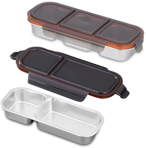 QKNOSM 2 Stück Snackbox mit 3 Fächern, Edelstahl Unterteilte Snackdose 2 Fächern Auslaufsicher Snack Boxen mit Deckel Wiederverwendbar Lunchbox für Schule Arbeit Reisen 700ml+600ml Schwarz
