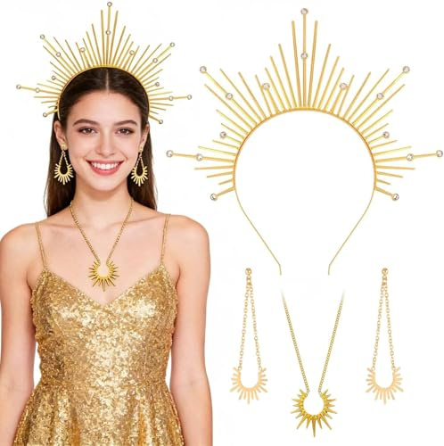 Sonnengöttin Halo Stirnband,Sonne Kostüm Costume Accessories,Haarreif Sonne Halskette & Ohrringe,Dirndlschmuck Trachtenkette