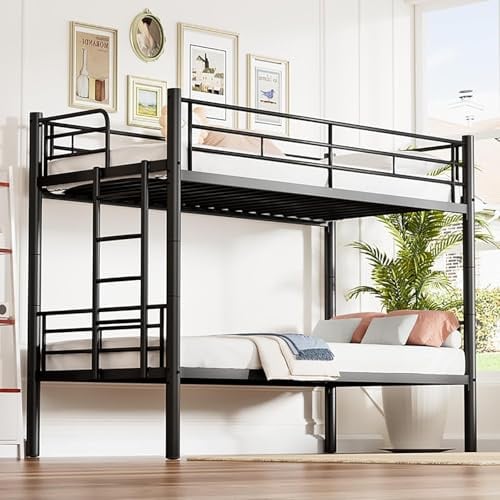 MOHQZA Etagenbett 90x200 - Bunk Bed mit Treppe und Rausfallschutz - Stockbett Metall mit Lattenrost - Umbaubar zu 2 Einzelbetten - Hochbett für Kinder Jugendliche und Erwachsene (Schwarz)