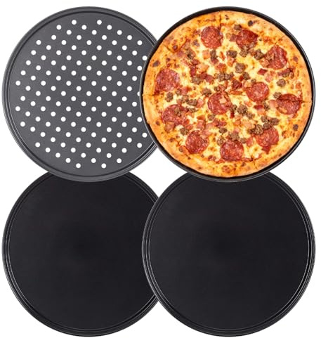 Mokaskaidj 4 Pcs Pizzablech Rund 32 cm, Pizza Teller, Pizza Backblech, Pizzaform Antihaft, 2 Gelocht 2 Keine Löcher, Carbonstahl, Hitzebeständig für Einwandfreies Pizzabacken, Leicht zu Reinigen