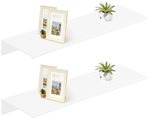 YunBey 2Pcs White Floating Shelves, No-Drill & Rustproof for Bathroom | 2 white metal floating shelves – no drilling required, easy to install, ideal for bathrooms, kitchens or bedrooms