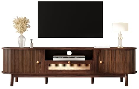 Azkoeesy Mueble de TV con cajones de ratán y puertas correderas, estilo rústico, 165 x 37 x 46 cm, mueble para TV de salón, capacidad de carga máxima de 50 kg (nogal)