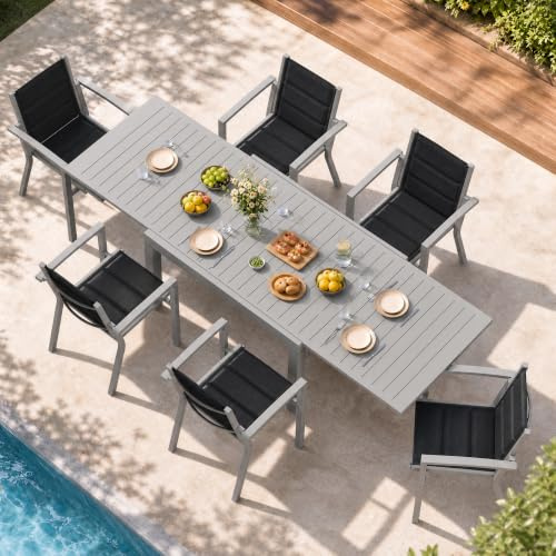 JUMMICO Salon de Jardin Extérieur avec 6 Fauteuils et 1 Table en Aluminium Extensible ｜ pour 6 Personnes ｜ Robuste, Durable et Facile à Nettoyer ｜ Idéal pour Terrasse, Jardin et Espace Extérieur