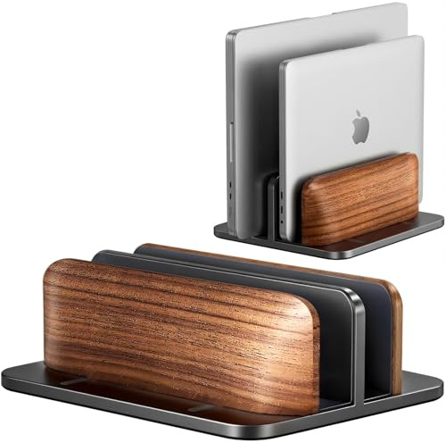JCZT Vertical Laptop Stand, Walnut Dual Laptop Holder, Black | with Adjustable Aluminum Alloy Base Laptop Stand for All MacBok/Surface/Samsung/HP/Dell/Chrome Book Laptops (Up to 17.3 inch)