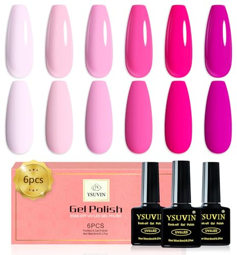 Yueshop Pink Gel Nail Polish, 6PCS Hot Pink Collection Gel Polish Nail | Light Pink Hot Pink Fuschia Neon Pink Gel Nail Varnish Soak-Off UV LED Lamp Lasting Nail Art for Spring Summer, 8ml