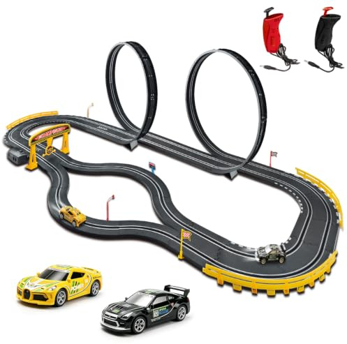 SlotCar-Rennbahn-Sets | 2 Hochgeschwindigkeits-Slot-Cars，2 Elektrische Controller，Kreisförmige Überbrückungsbahn，Geschenk-Spielzeug