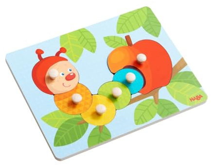 HABA 303189 HABA 303189 - Greifpuzzle Raupe Mina, 6-teiliges Holzpuzzle mit Raupe und Apfel, mit großen, griffigen Holzknöpfen, Holzspielzeug ab 12 Monaten, transparent