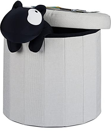 Relaxdays Sitzhocker mit Stauraum Größe L, runder Fußhocker mit Deckel, Polsterhocker faltbar, HBT: 43x45x45 cm, creme