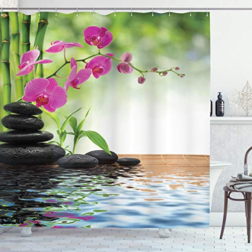 ABAKUHAUS Spa Duschvorhang, Bambus-Baum Orchid Steine, Stoffliches Gewebe Badezimmerdekorationsset mit Haken, 175 x 180 cm, Koksgraue Lindgrün