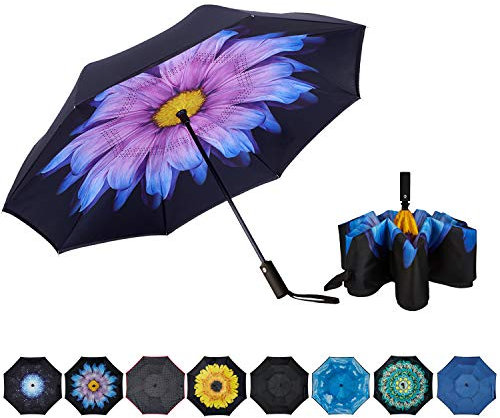 NOORNY Umgekehrt Regenschirm Doppellagig Automatisch Falten Reserve Regenschirm Winddicht UV Schutz Für Regen Auto Reisen Outdoor Herren Damen Lila Blume