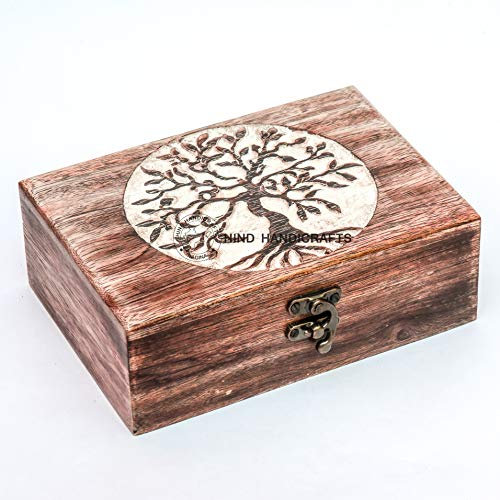 Boîte à bijoux antique en bois faite à la main avec gravure d'arbre de vie sculptée à la main pour homme et femme | Accents de décoration d'intérieur | Boîtes décoratives | Rangement et organisateur