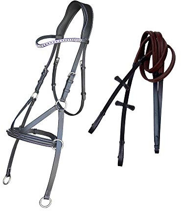 Exion Fancy Quadratische, erhöhte, gebisslose Ledertrense mit Kristalldiamant-Augenbrauenband und Edelstahlschnallen, gepolsterte Zaumzeug für Reitsport, Springen, Reiten, Premium-Zaumzeug