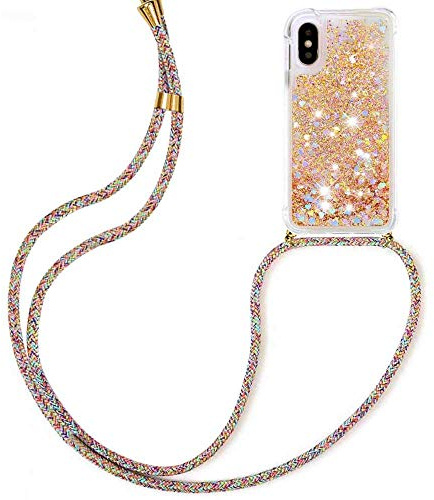 HongMan Handykette Hülle für iPhone XS Max - Quicksand Glitzer Hülle mit Band - Silikon Handyhülle mit Kordel Umhängenband - Schnur mit Treibsand Case zum Umhängen, Golden