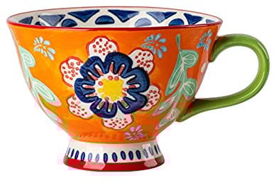 Bicuzat Hand-Painted Floral Pattern Large Capacity Ceramic Coffee Mug Jumbo Mug Tea Milk Cereal Mug Breakfast Cup for Home Kitchen 14oz
