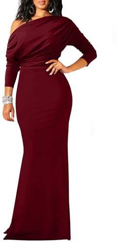 YMDUCH Women's Sexy Elegant Long Sleeve Off Shoulder Bodycon Long Evening Formal Dress, WineRed, X-Large