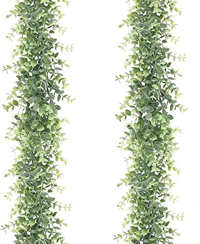 JTgugu 2 Stück Künstliche Eukalyptus Girlande 1,8m Kunststoff Kunstpflanze Eukalyptus Hängende Rebe für zu Hause Küchen Garten Büro Hochzeit Oder Als Wanddekoration