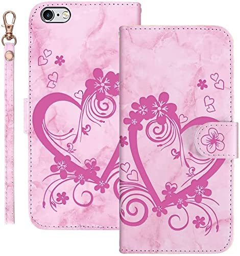 Tiyoo Flip Phone Case for iPhone 6 Plus/ 6S Plus, Marble PU Leather Wallet Case with Embossed Love Heart Floral Pattern, Card Slots, Wrist Strap and Flower Magnetic Clourse Phone Cover (Pink)