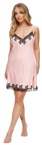 Ann Summers Sorella Chemise Lace Trim Satin Nightdress with Side Split Ladies Nightdress with Adjustable Straps Chemise Nighties for Women, Flattering Womens Lingerie Dress