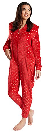 Loungeable Damen Jumpsuit Langer Flanell-Overall Einteiler mit Kapuze Goldene Sterne Hausanzug 791212 XL