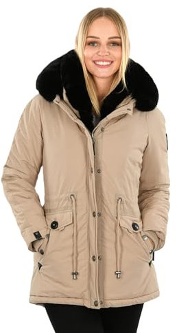 Navahoo Damen Winterjacke mit Kunstpelz Kragen und Fellkapuze abnehmbar gefüttert B938 [B938-Sweety-Del-Taupe-Gr.XS]