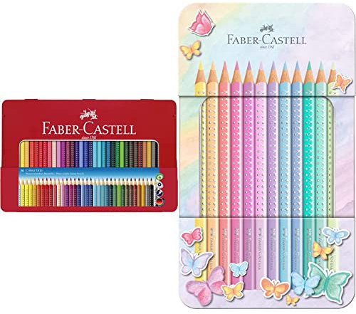 Faber-Castell 112435 - Buntstifte Colour Grip 2001, 36er Metalletui & 201910 - Buntstifte Sparkle Pastell, 12er Metalletui