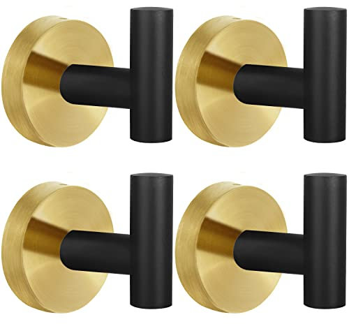 Paquete de 4 ganchos para toallas de baño, color negro y dorado, gancho de pared de acero inoxidable resistente para colgar toallas, batas, armarios, esponjas, gancho para baño, dormitorio, cocina