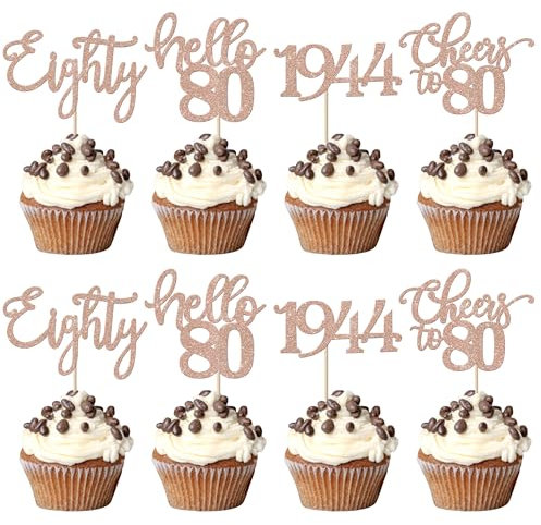 24 Stück 80 Geburtstag Cupcake Toppers Glitter Eighty seit 1945 Prost auf 80 Cupcake Picks Hallo 80 Jahre Geburtstagskuchen Dekorationen für glückliche 80 Geburtstag Jubiläum Party Roségold