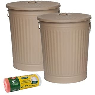 Jinfa Set da 2 Bidoni in metallo con manici e coperchio + 30 sacchetti per pattumiera | Beige | 62L