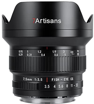 7artisans MF 7,5 mm F3.5 APS-C 205° Ultra Weitwinkel Manuelles Fischaugenobjektiv, kompatibel mit Canon EF DSLR Objektiv für 80D 200D Schwarz