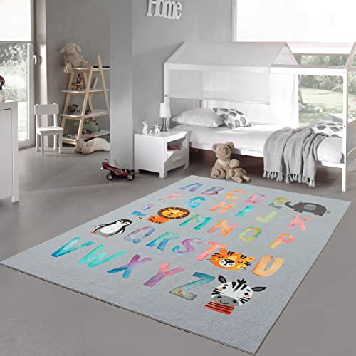 Teppich-Traum Spiel-Kinderteppich Buchstaben Alphabet in bunten Farben auf Hintergrund in grau, 160x220 cm