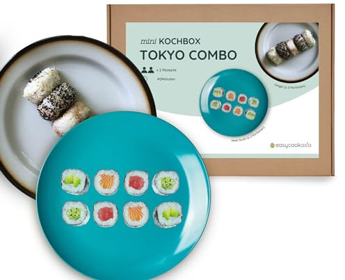 EasyCookAsia Sushi & Onigiri Kochbox | 10-teilige Komplett-Set inkl. original japanische Zutaten Sushi Reis, Bambusmatte, Sojasauce, Nori Algen, Wasabi, Ingwer | Geschenkset für Kochliebhaber