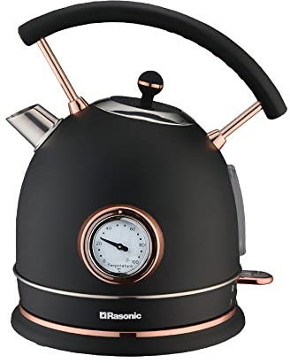 Rasonic Classic Retro Electric Kettle, 1.8L Stainless Steel, 3000W Fast Quiet Boiling, Temperature Gauge, LED Light, Auto Shut-Off, Home & Office Use - Matt Finish Black and Rose Gold