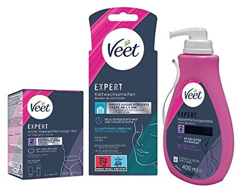 Veet Expert Kaltwachsstreifen Gesicht 10 Doppelstreifen - Haarentfernungscreme für Körper & Beine 400 ml - Intim-Haarentfernungs-Set Enthaarungscreme für den Intimbereich 2 x 50 ml