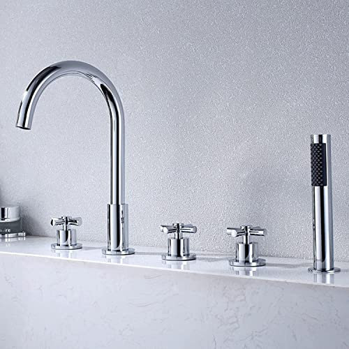Badewannenarmatur Wannenrand 5-Loch Wannenrandarmatur Schwanenhals Badezimmer Armatur Set mit Ausziehbarem Handbrause Badewannen-Armatur Wannenrandkombination,Schwarz (Color : Chrom)