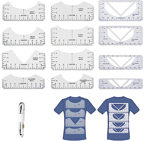 12 Stücke T-Shirt Ausrichtungslineal,T-Shirt Zentrierung Werkzeug,PVC T-Shirt Schablonen-Lineal,T-Shirt Lineal Führungswerkzeug Set für V-Ausschnitt,für Erwachsene, Jugend und Kinder