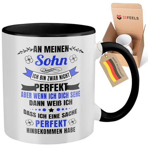 22Feels Tasse, Sohn Geschenk zum 18. Geburtstag, Abitur Abschluss Bachelor Master, An Mein Kind Jungs Männer, 30 20 Jahre, Spruch Kaffeetasse von Eltern Mutter Vater (Zweifarbig Weiss-Schwarz)