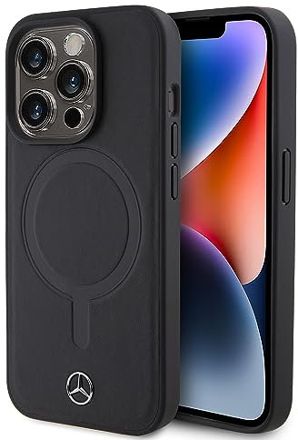 CG Mobile Mercedes-Benz Handyhülle kompatibel mit Magsafe iPhone 15 Pro in Schwarz, Echtleder, schützende & langlebige Hülle mit einfachem Snap-on, Stoßdämpfung & Signatur-Logo