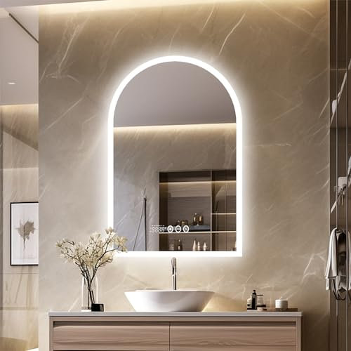 LUVODI Arched Illuminated LED Bathroom Mirror: 600x900mm Dimmable Wall Lighted Vanity Mirror with Time Temperature Dispaly Anti-fog Smart Switch 3 Colours Backlit Makeup Mirror