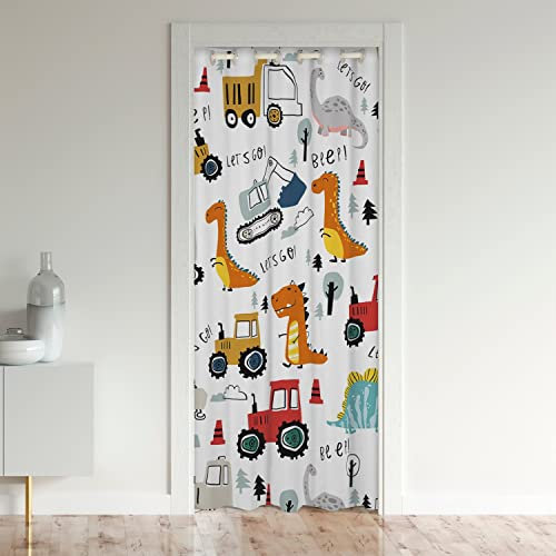 Construction Türvorhang 132x203cm für Tür Cartoon Dinosaurier Raumteiler Vorhänge Gardine Ausrüstung LKWs Schrank Vorhang für Innentür Raumteiler Construction Fahrzeuge Kawaii Jungle Dino Vorhang