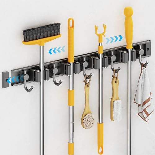 Colgador Escobas y Fregonas, Soporte Escobas Pared Acero Inoxidable, Sujeta Escobas Pared Adhesivo con 4 Posiciones y 5 Ganchos, Cuelga Escobas Organizador para Cocina Baño Garaje Jardín Oficina, Gris
