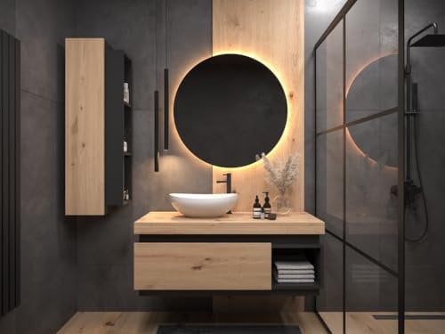 Easy4You Matt Schwarz/Eiche Unterschrank Kaya 100 cm mit Schublade und Ablage + Hängeschrank 30x100 cm Badschrank Badezimmerschrank Seitenschrank