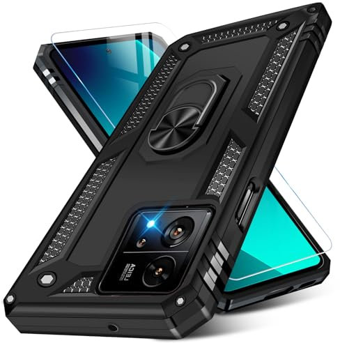 Vaki Handyhülle für Xiaomi 13T/13T Pro 5G Hülle mit Schutzfolie, Schutzhülle 13T/13T Pro 5G mit 360° Metall Ring Ständer Stoßfest Bumper für Xiaomi 13T Pro Case Cover (Schwarz)