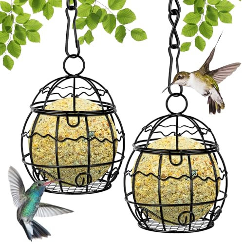 OFFCUP Fat Ball Bird Feeder, 2pcs Metal Fat Ball Bird Holder, Hanging Bird Feeder Holder Spherical with 2 S-shaped hooks for Outdoor Garden Wildlife Birds Finch Sparrow Robin (Black)